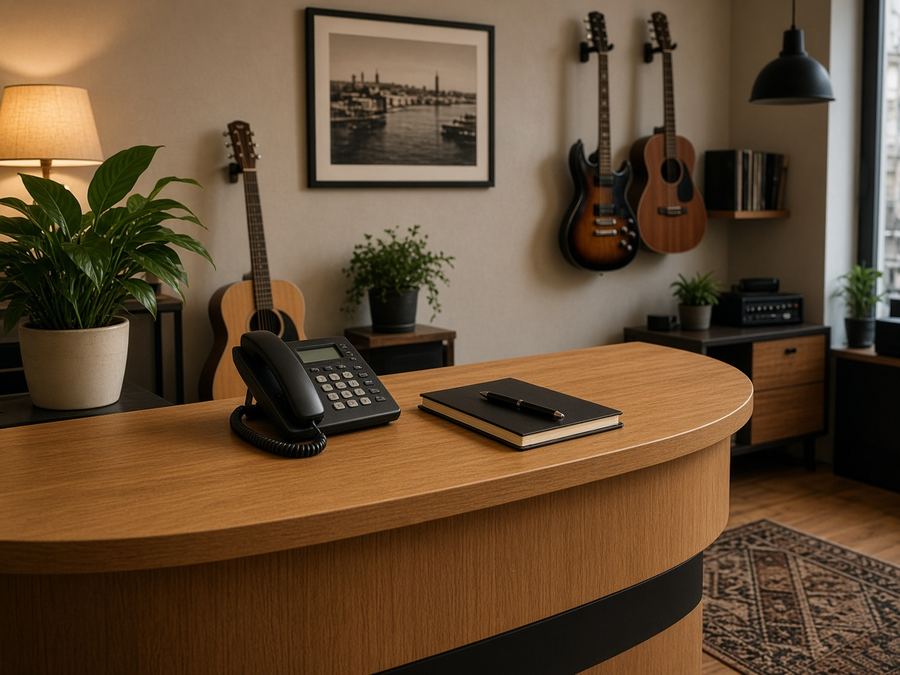 Contact desk at Guitar Studio Dawndrive in Thessaloniki